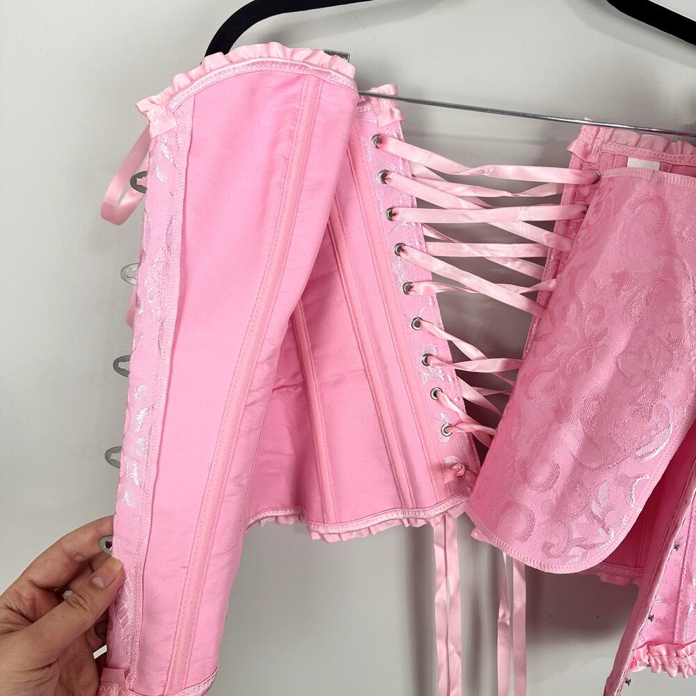 Pink Floral Jacquard Bustier Lace Up Corset Top Ruffle Hem Castle Fairy Small - Picture 12 of 14